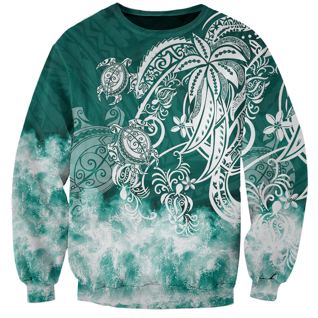 Unisex green sweatshirt with white sea turtle and tribal artwork front print.