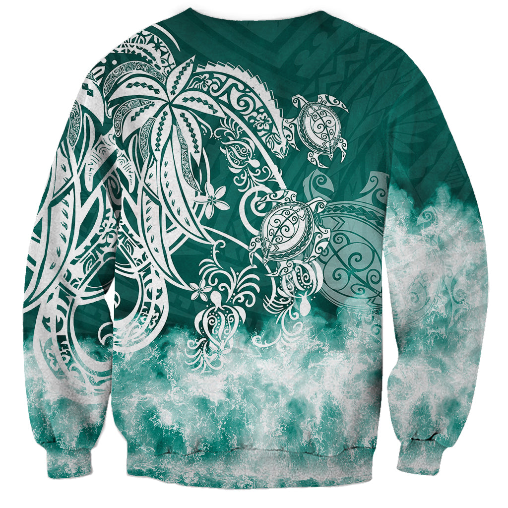 Unisex green sweatshirt with large white sea turtle tribal print on back.