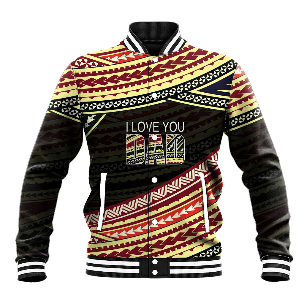 Unisex baseball jacket with maroon, yellow, and black tribal graphic front