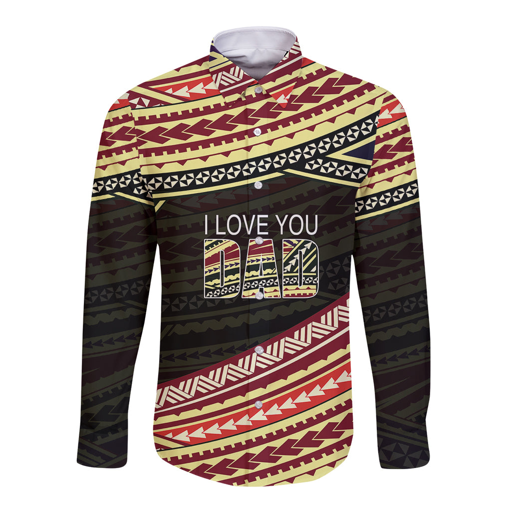 Long sleeve button shirt, maroon tribal print with 'LOVE YOU' graphic