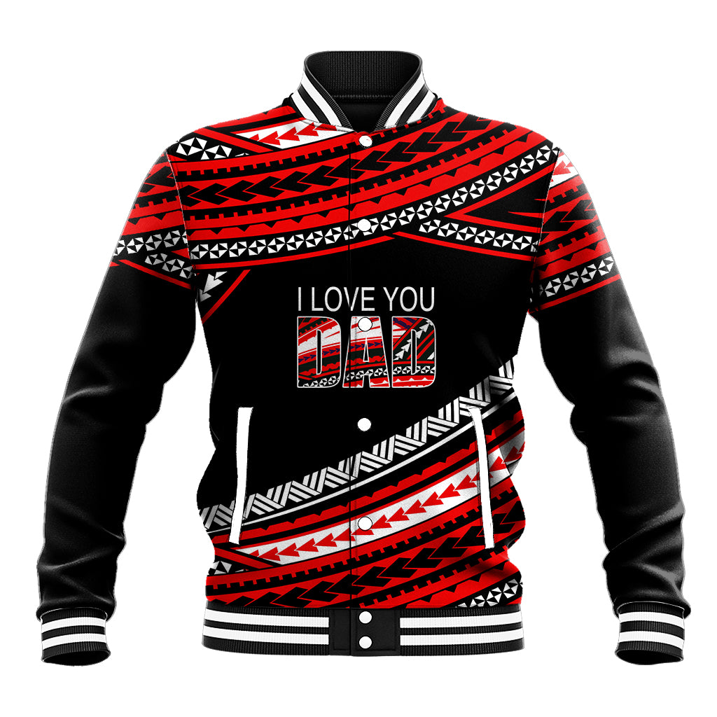 Red/black baseball jacket with tribal print and 'I LOVE YOU DAD' graphic