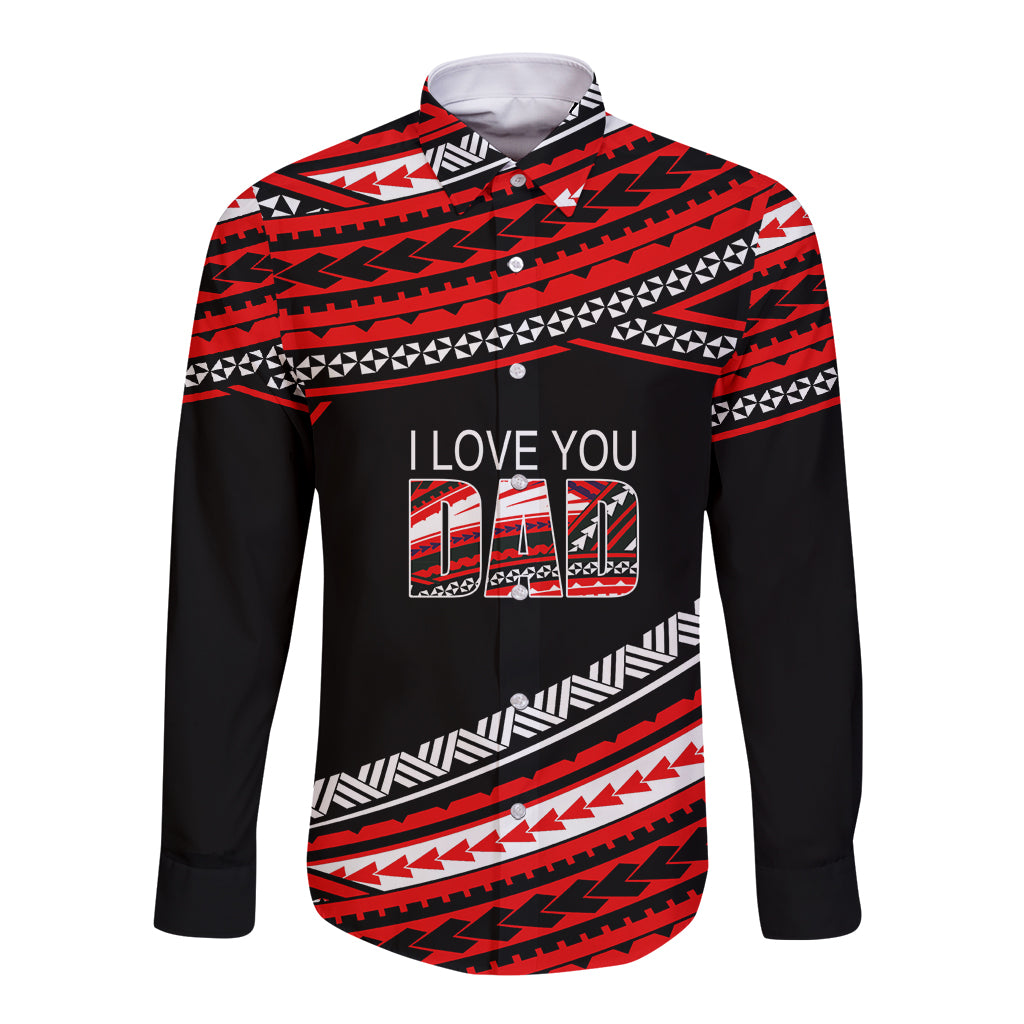 Red and black long-sleeve button shirt with tribal print and 'I LOVE YOU' graphic