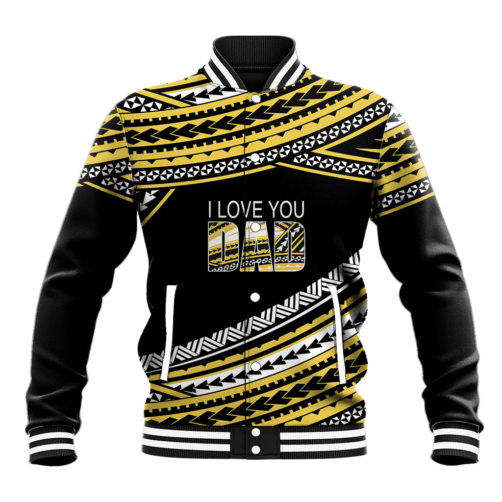 Gold and black Polynesian baseball jacket with striped rib cuffs and 'I LOVE YOU' print