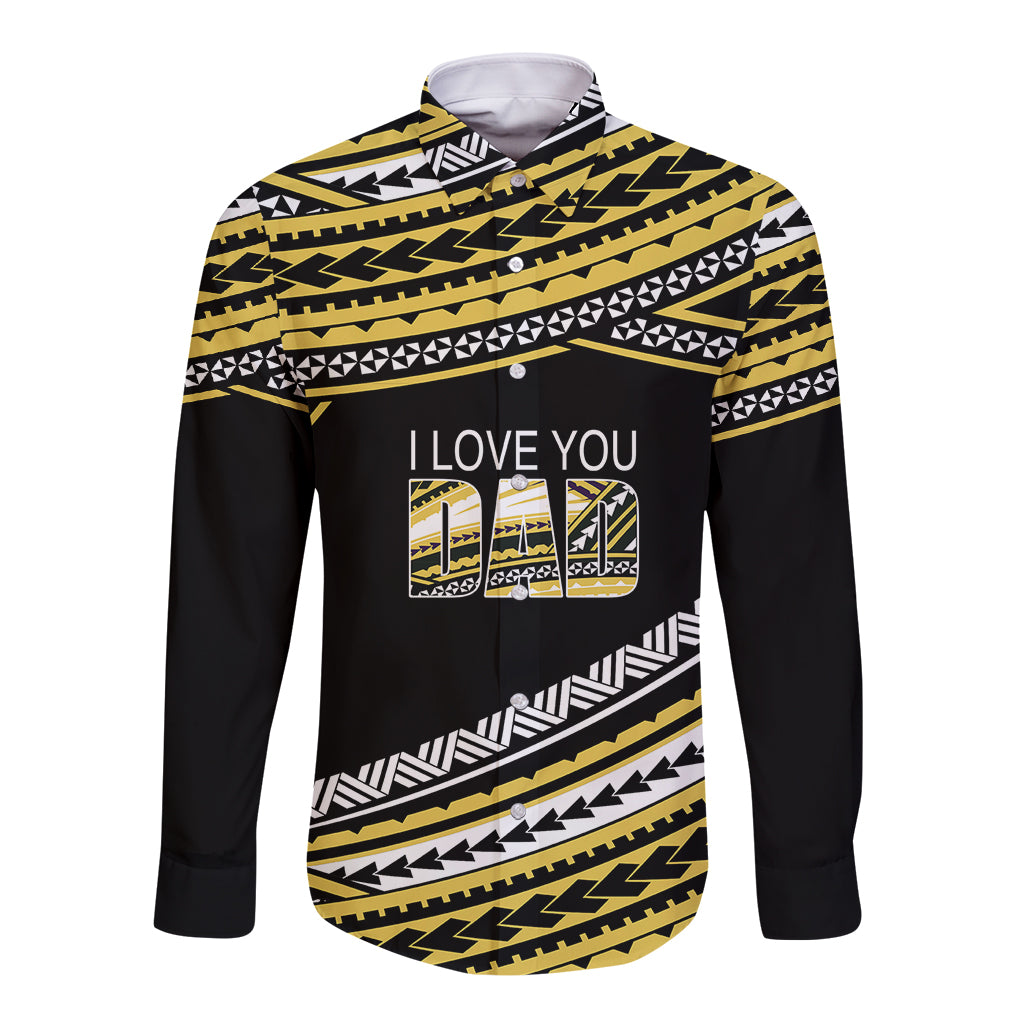 Long-sleeve button shirt, black with gold tribal print and 'I LOVE YOU' graphic