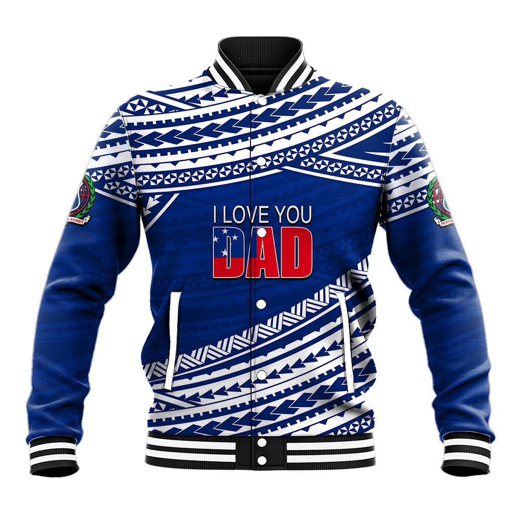 Blue baseball jacket with white tribal pattern, striped ribbed collar and cuffs, front print