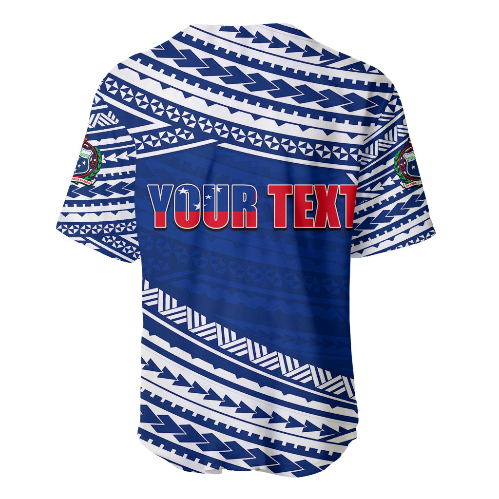 Blue baseball jersey with white pattern and red YOUR TEXT back print
