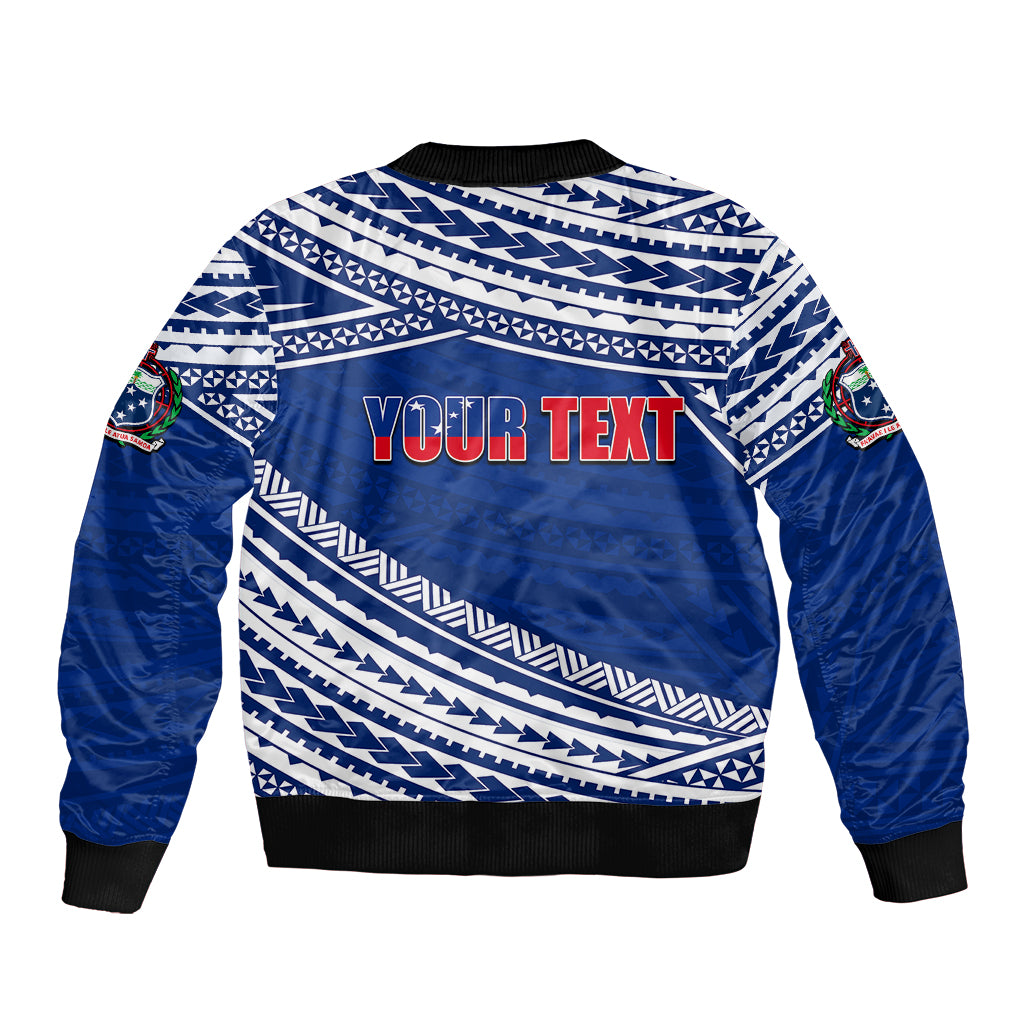 Blue bomber jacket back with 'YOUR TEXT' print and tribal stripe pattern