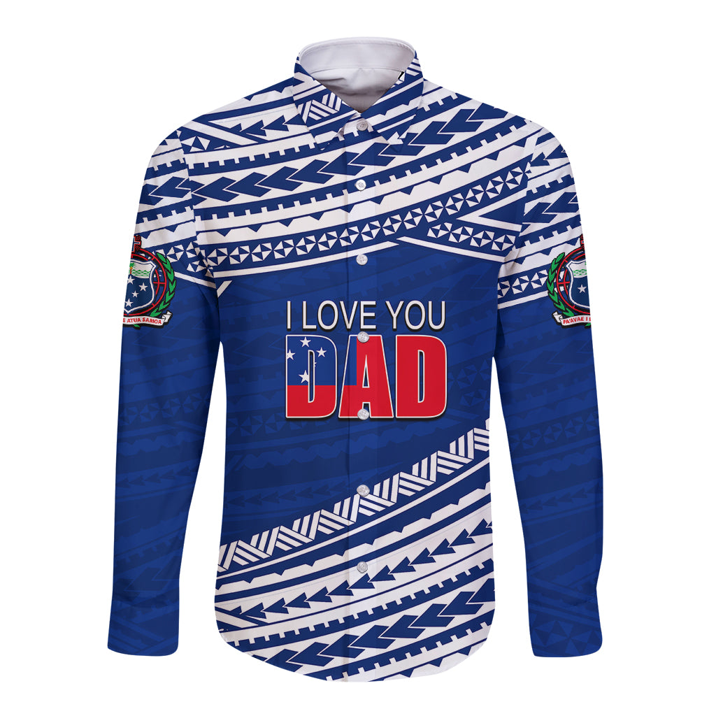 Blue long sleeve button shirt with tribal geometric pattern and 'I LOVE YOU DAD' print