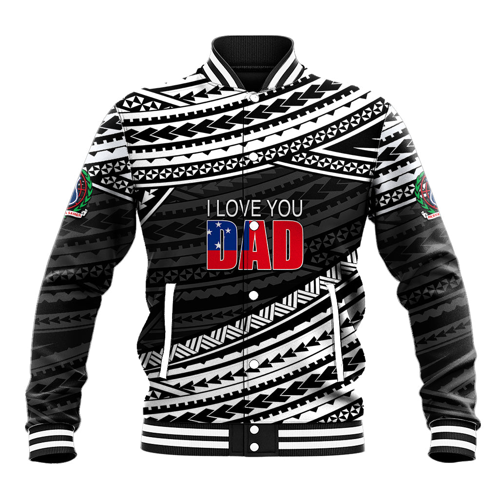 Black baseball jacket with aztec pattern, striped collar, and “I LOVE YOU DAD” print