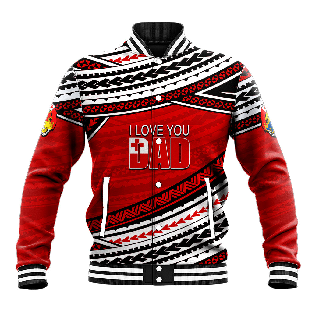 Red and black baseball jacket with white geometric patterns, 'I LOVE YOU DAD' on front