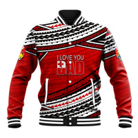 Red and black baseball jacket with white geometric patterns, 'I LOVE YOU DAD' on front