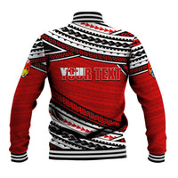 Red and black baseball jacket with white patterns, 'YOUR TEXT' printed on back