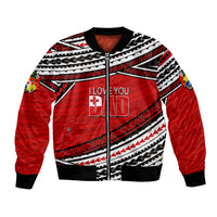 Red bomber jacket with front zip, tribal print, and 'I LOVE YOU DAD'.