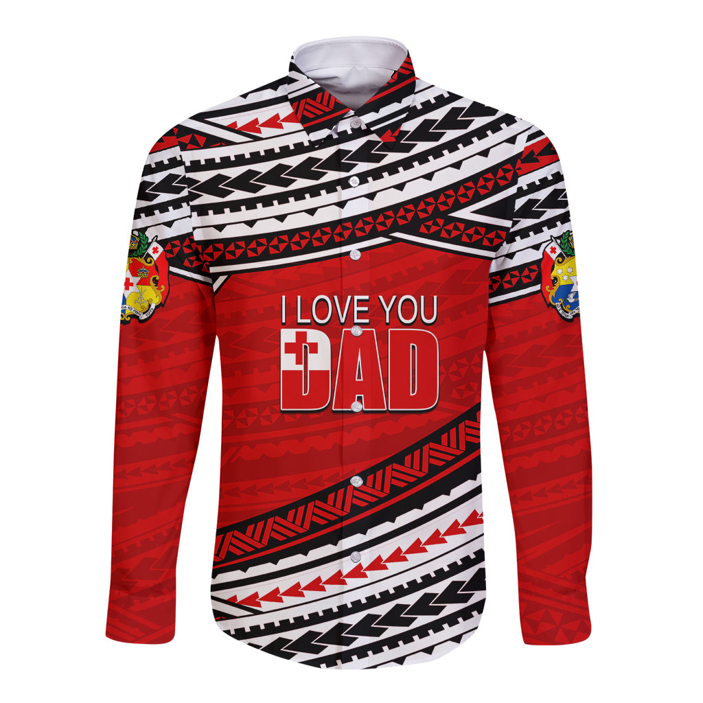 Red long sleeve button shirt with tribal pattern and 'I LOVE YOU DAD' print