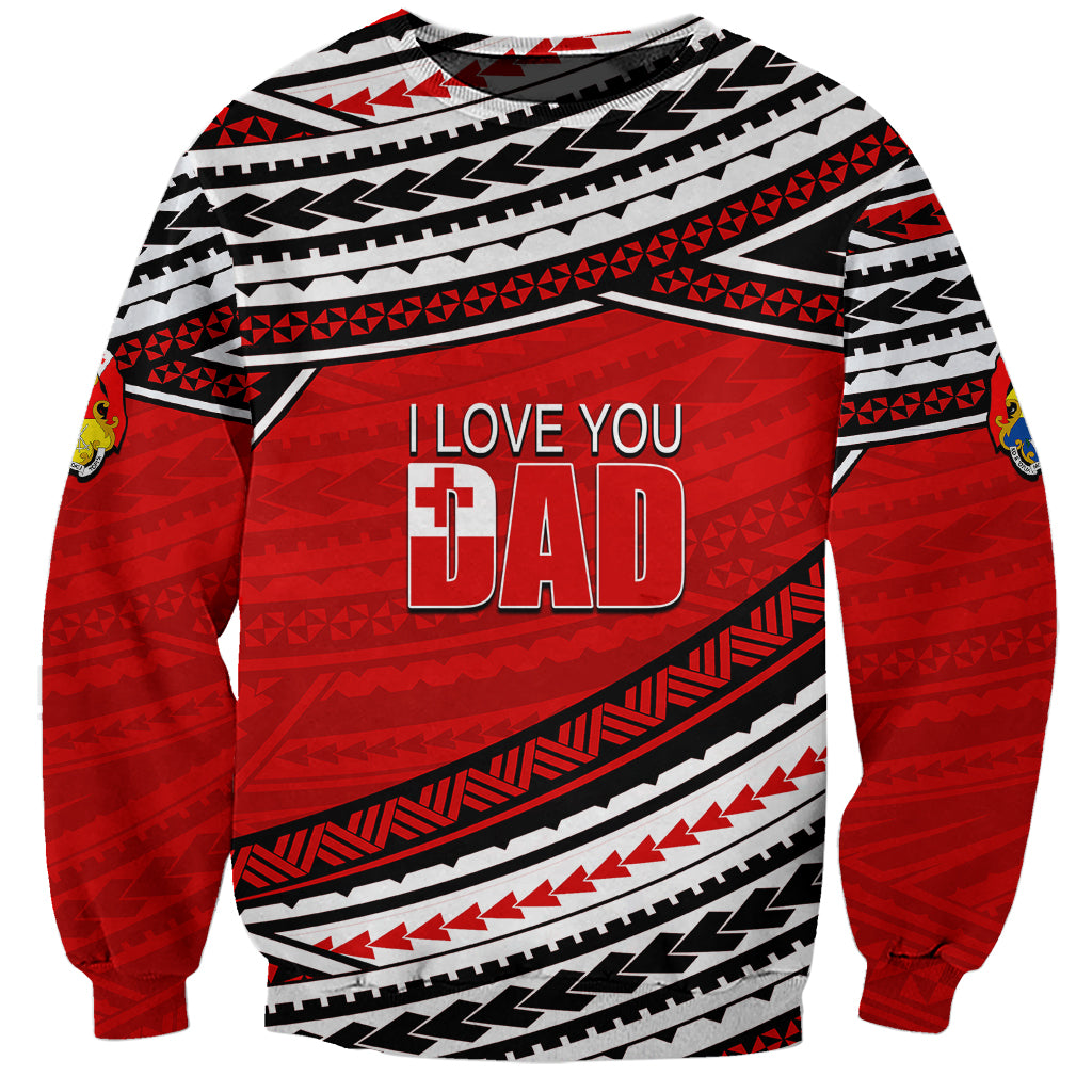 Red patterned sweatshirt with 'I LOVE YOU DAD' graphic on front