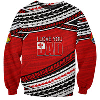 Red patterned sweatshirt with 'I LOVE YOU DAD' graphic on front
