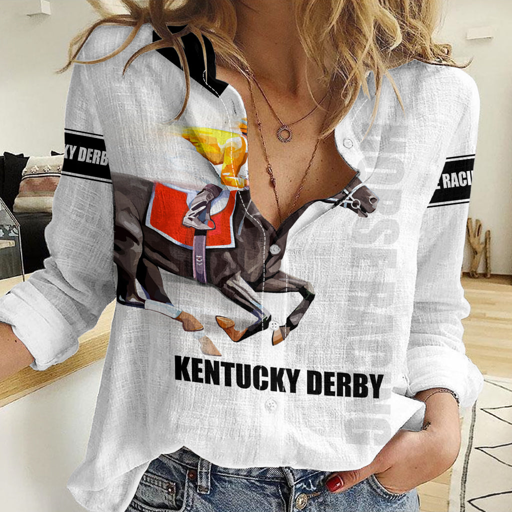 Women’s white casual shirt with Kentucky Derby graphic and long sleeves