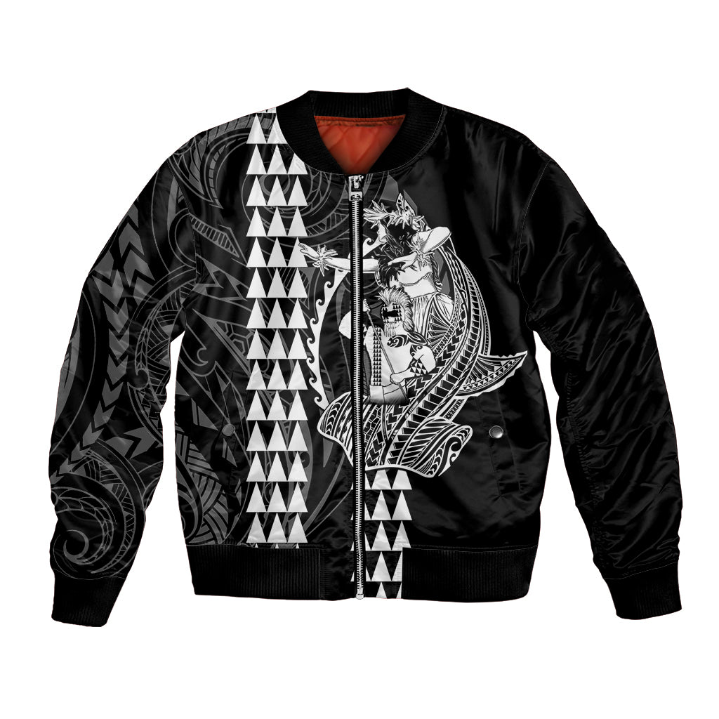 Black bomber jacket with white shark-warrior graphic, front zipper