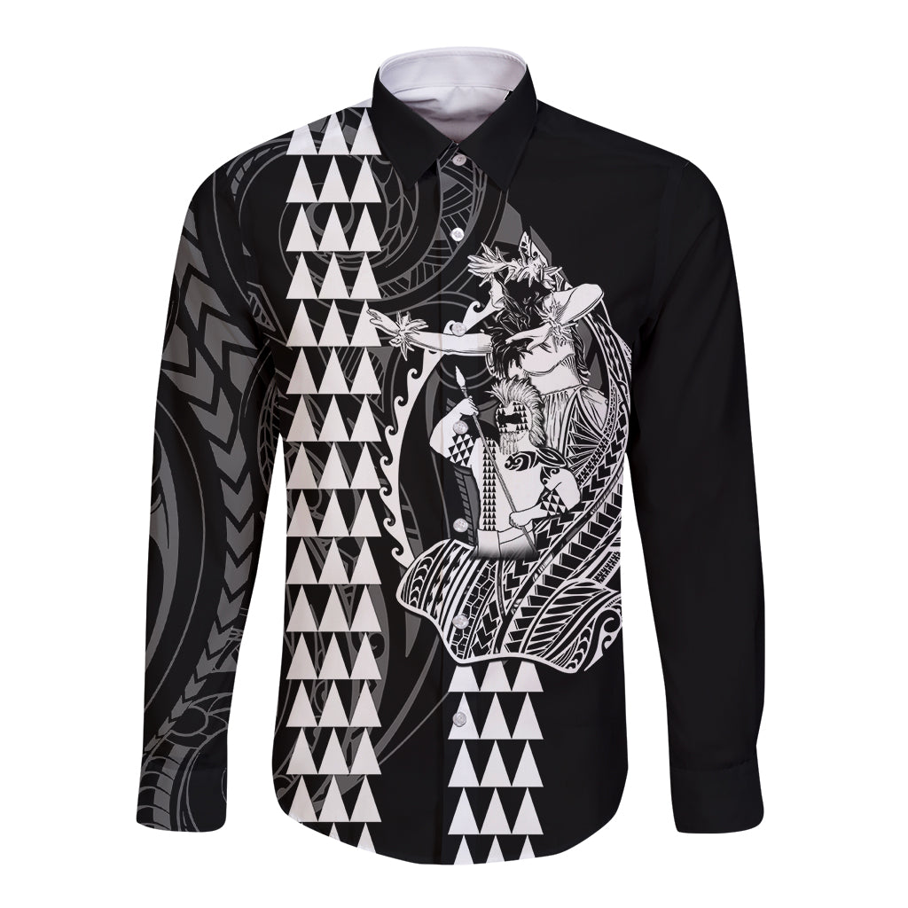 Long sleeve button shirt with dark background and white tribal shark graphic front