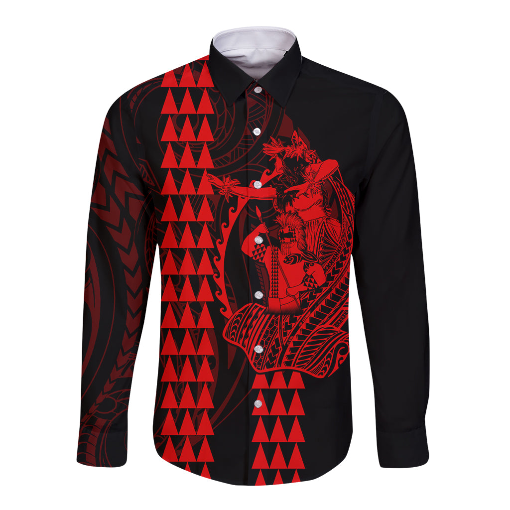 Long-sleeve button shirt, black with red warrior and hammerhead shark graphic