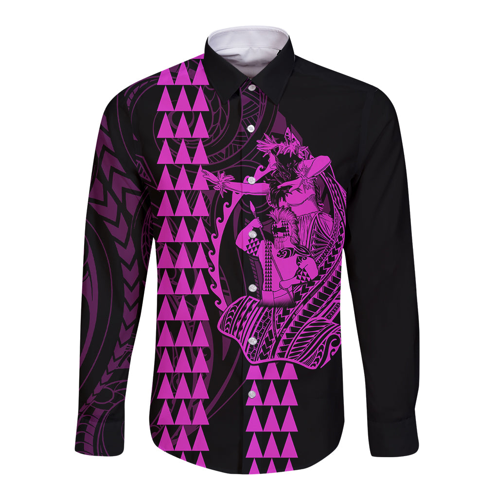Purple-and-black long-sleeve button shirt with tiki triangle and warrior tattoo graphic