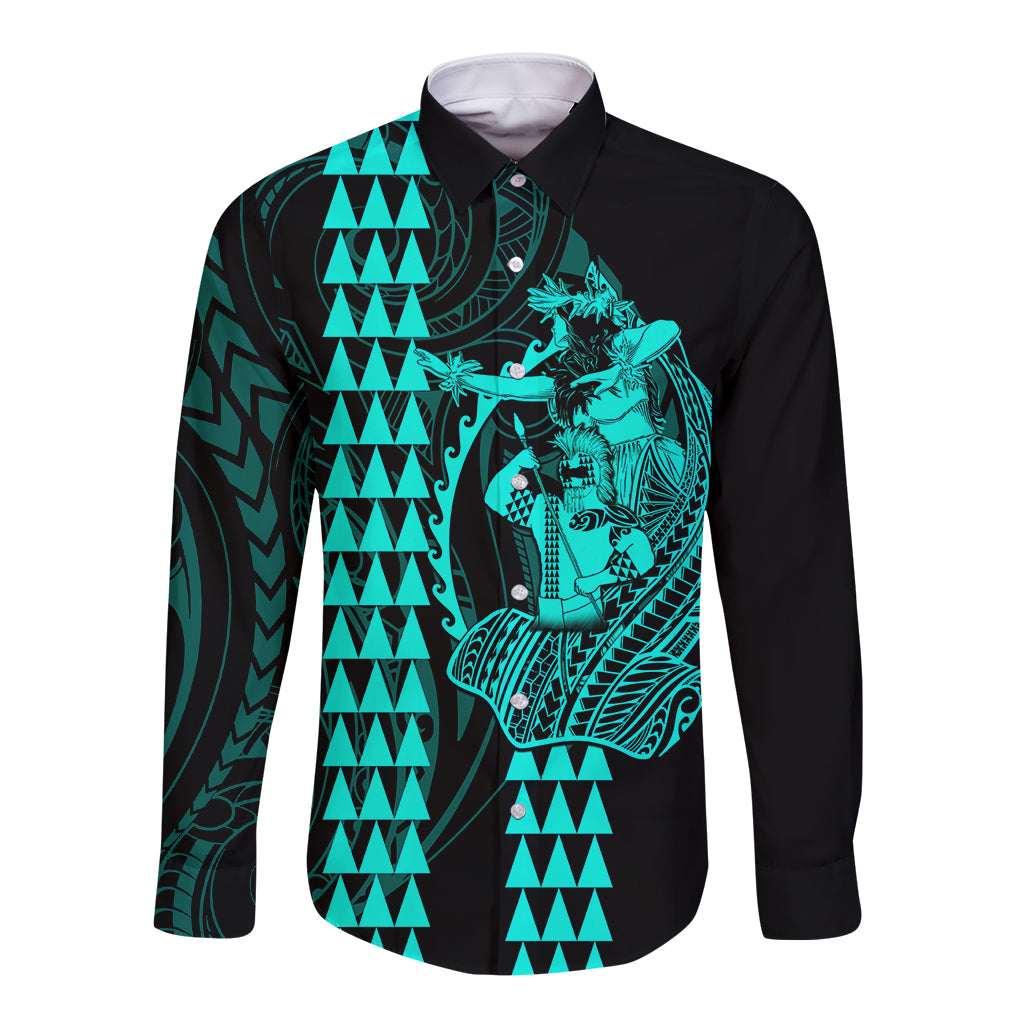 Black long-sleeve button shirt with turquoise tribal warrior print, front view
