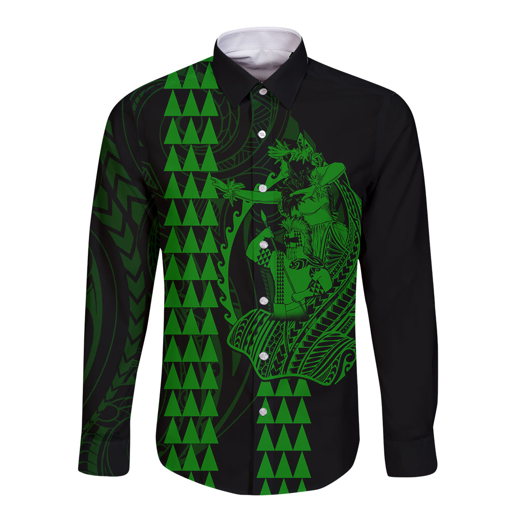 Black long-sleeve button shirt with green warrior and shark print, front view.
