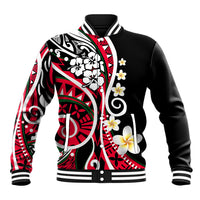 Baseball jacket in black with red, green, and white Polynesian floral tribal print