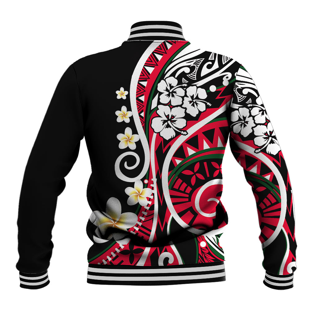 Baseball jacket back in black with red and white Polynesian floral tribal print