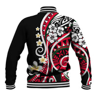 Baseball jacket back in black with red and white Polynesian floral tribal print