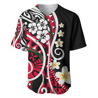 Baseball jersey with black and red Polynesian floral print, button-front, short sleeves
