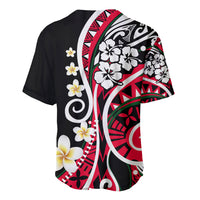 Black baseball jersey with red-and-green circular hibiscus and flower print, short sleeves
