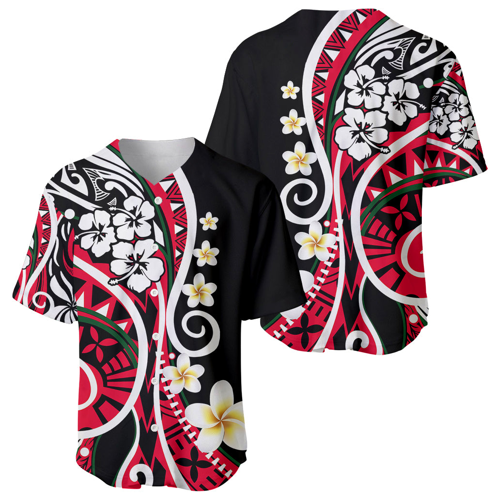 Black baseball jersey with Polynesian floral print and green accents, button-front, short sleeves
