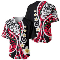 Black baseball jersey with Polynesian floral print and green accents, button-front, short sleeves