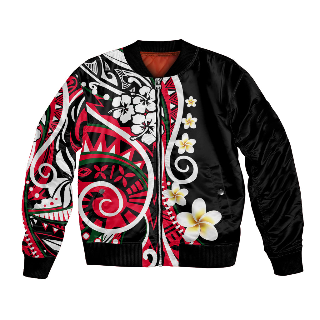 Unisex bomber jacket, black with red/white/green Polynesian floral print, ribbed cuffs
