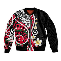 Unisex bomber jacket, black with red/white/green Polynesian floral print, ribbed cuffs