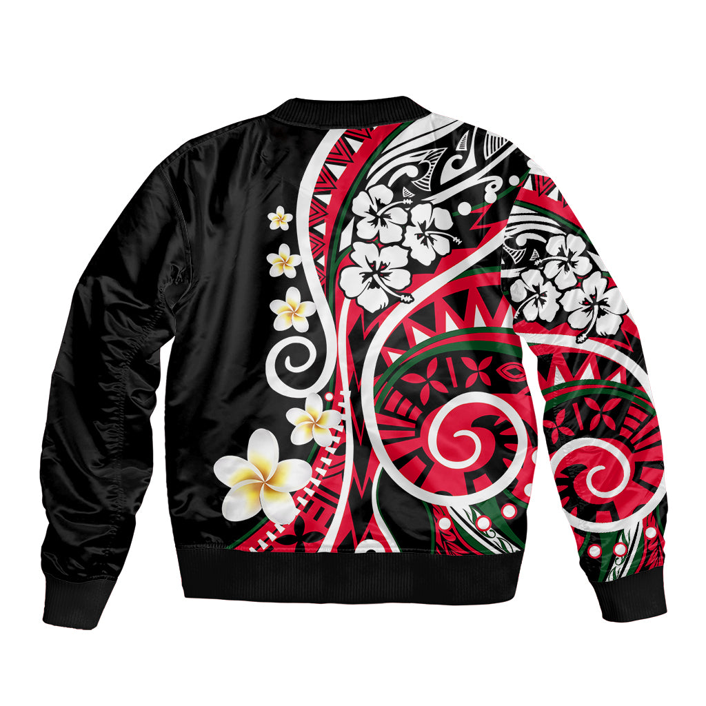 Unisex bomber jacket, black with large Polynesian floral pattern, ribbed hem and cuffs
