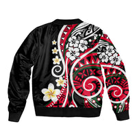 Unisex bomber jacket, black with large Polynesian floral pattern, ribbed hem and cuffs