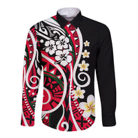 Long-sleeve button shirt with black base and red/white/green floral plumeria print