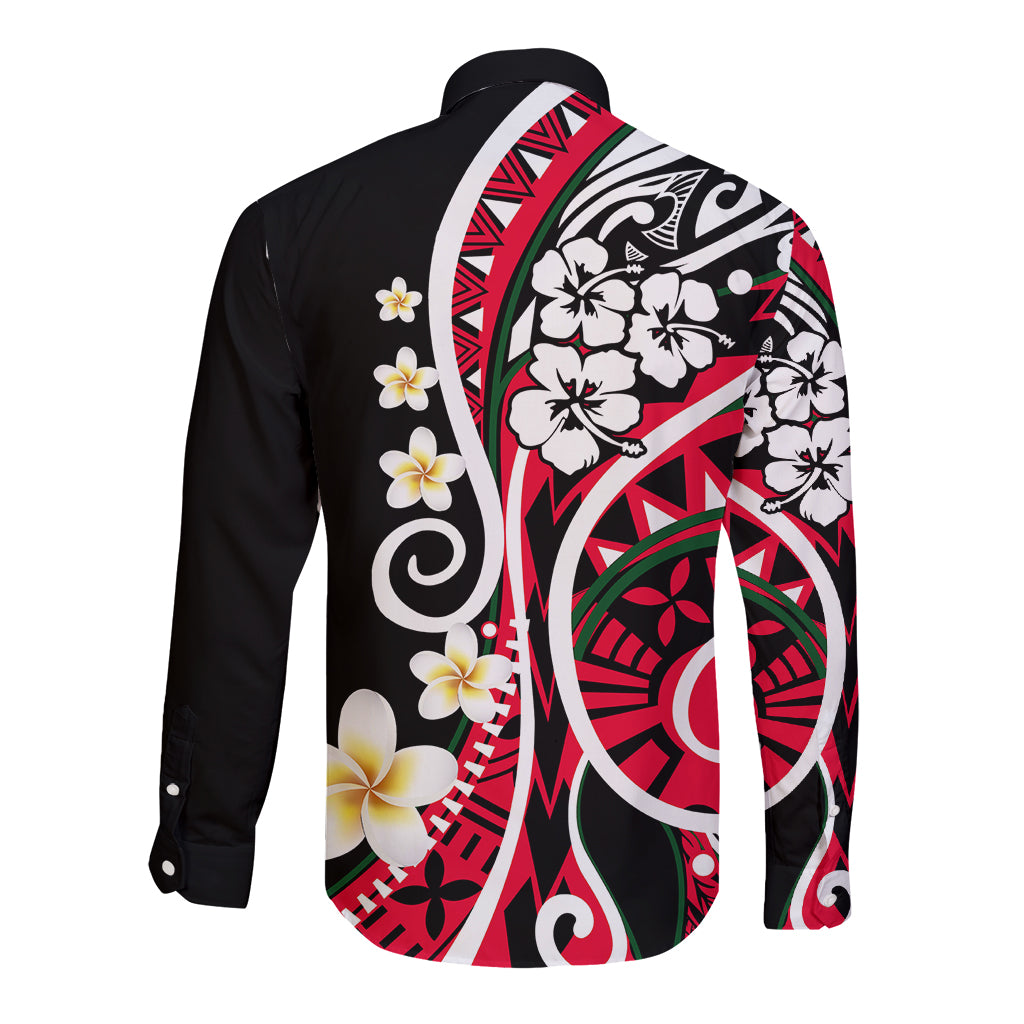 Long-sleeve button shirt with black base and large back floral geometric plumeria print