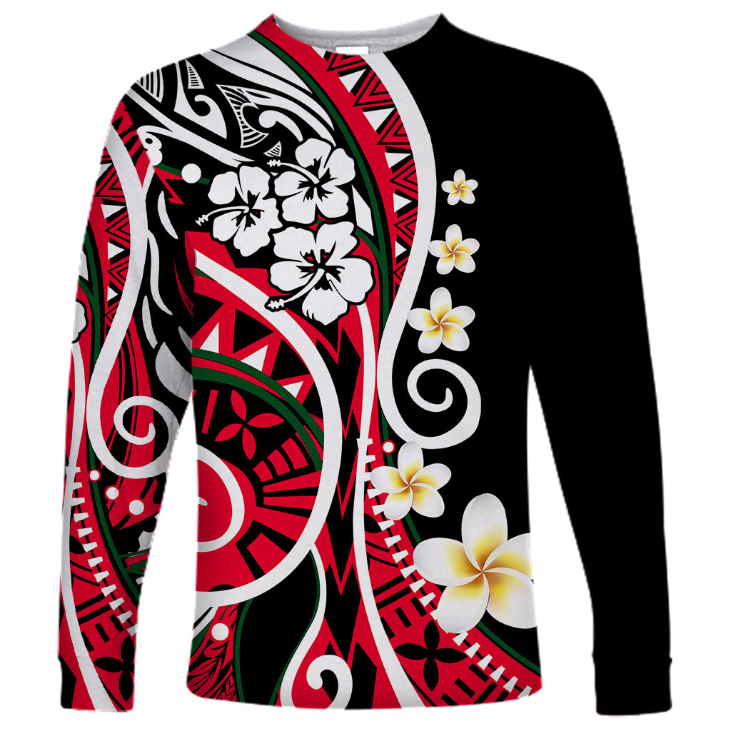 Unisex long-sleeve shirt with Polynesian floral graphic in red, white, green on black