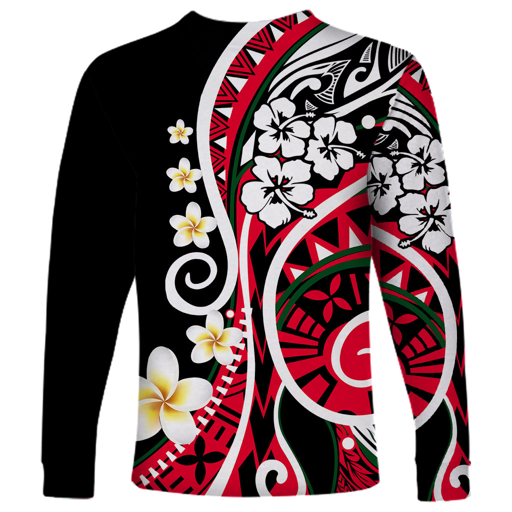 Unisex long-sleeve shirt with circular tribal design and white floral accents on black