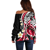 Women's off-shoulder sweater, black back with red/green floral swirl print