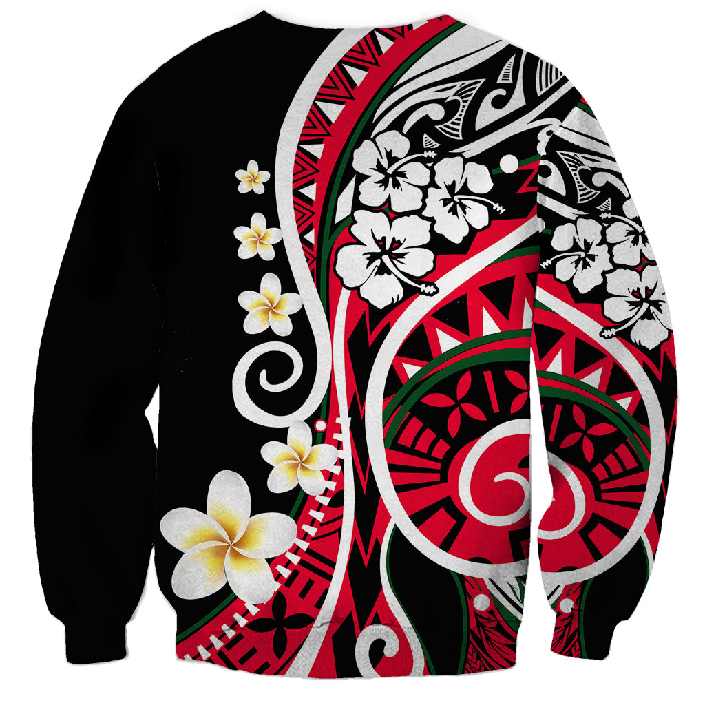 Unisex crewneck sweatshirt, black with red-and-white Polynesian floral panel print