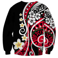 Unisex crewneck sweatshirt, black with red-and-white Polynesian floral panel print