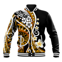 Gold and black baseball jacket with Polynesian floral print, striped ribbed collar and cuffs