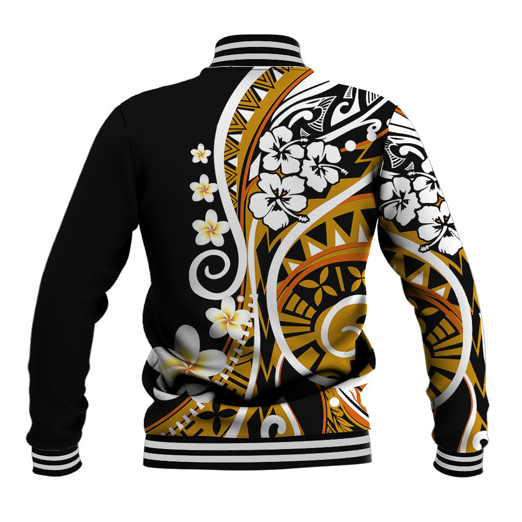 Black baseball jacket with gold Polynesian swirl and flower print, striped ribbed hem and cuffs