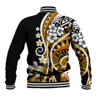 Black baseball jacket with gold Polynesian swirl and flower print, striped ribbed hem and cuffs