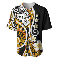 Baseball jersey with black base, gold patterns, white hibiscus and flower graphics, button placket