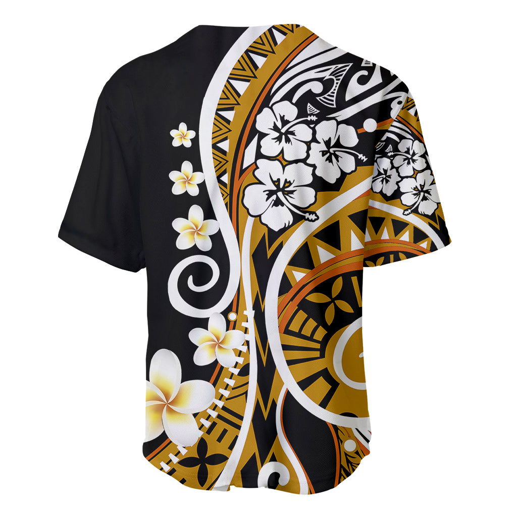 Baseball jersey, black with gold tribal scrolls and white flowers, short sleeves, open collar